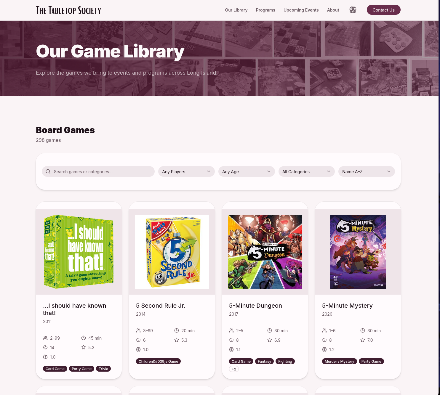 The Tabletop Society searchable public board game library