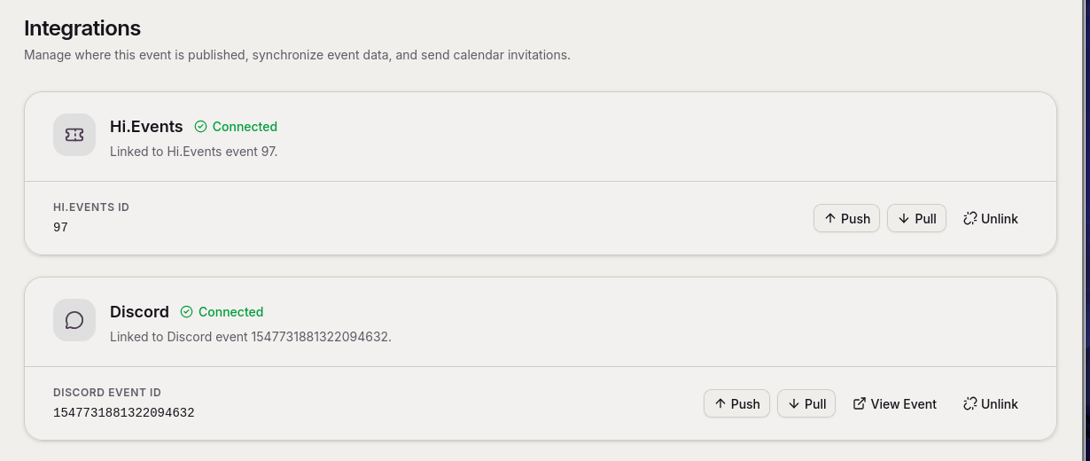 Hi.Events and Discord integrations connected to a Tabletop Society event